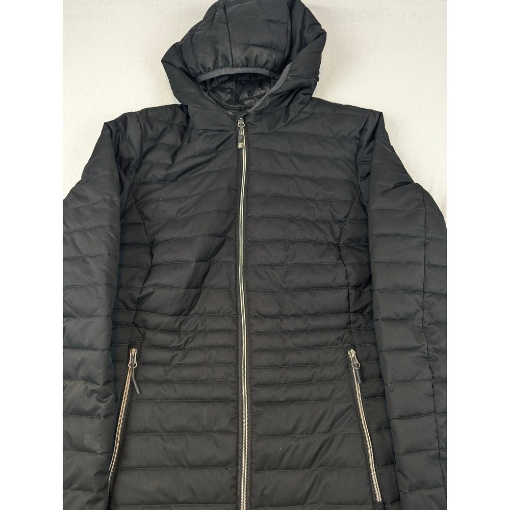 Womens Black Hooded Puffer Parka Jacket Full Zip Quilted Mid-Length Sz 14